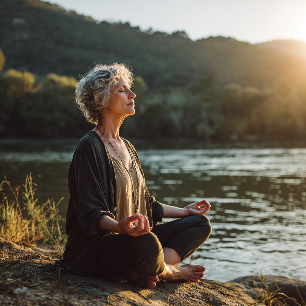 mature woman practicing mindful yoga meditation in serene natural environment